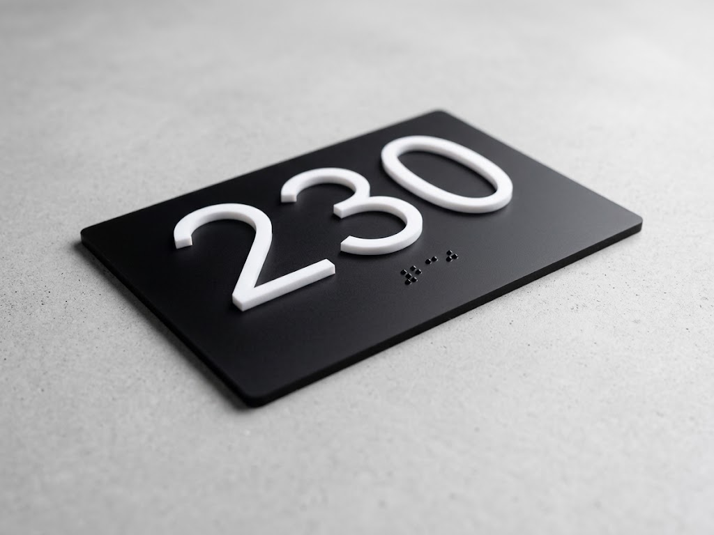 ADA room identification sign with tactile characters and Grade 2 braille in an apartment corridor